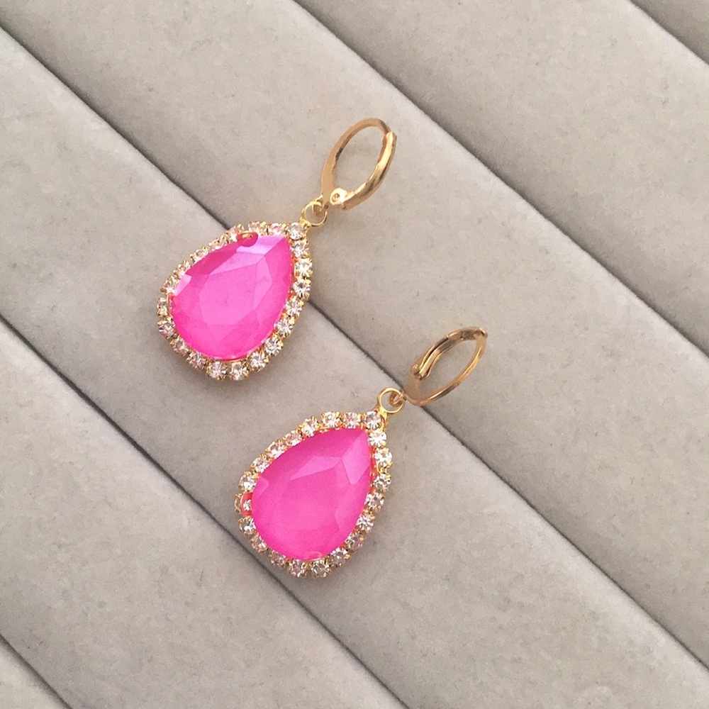 Hot Pink + Gold Crystal Halo Pear Drop Earrings - Picture 5 of 7